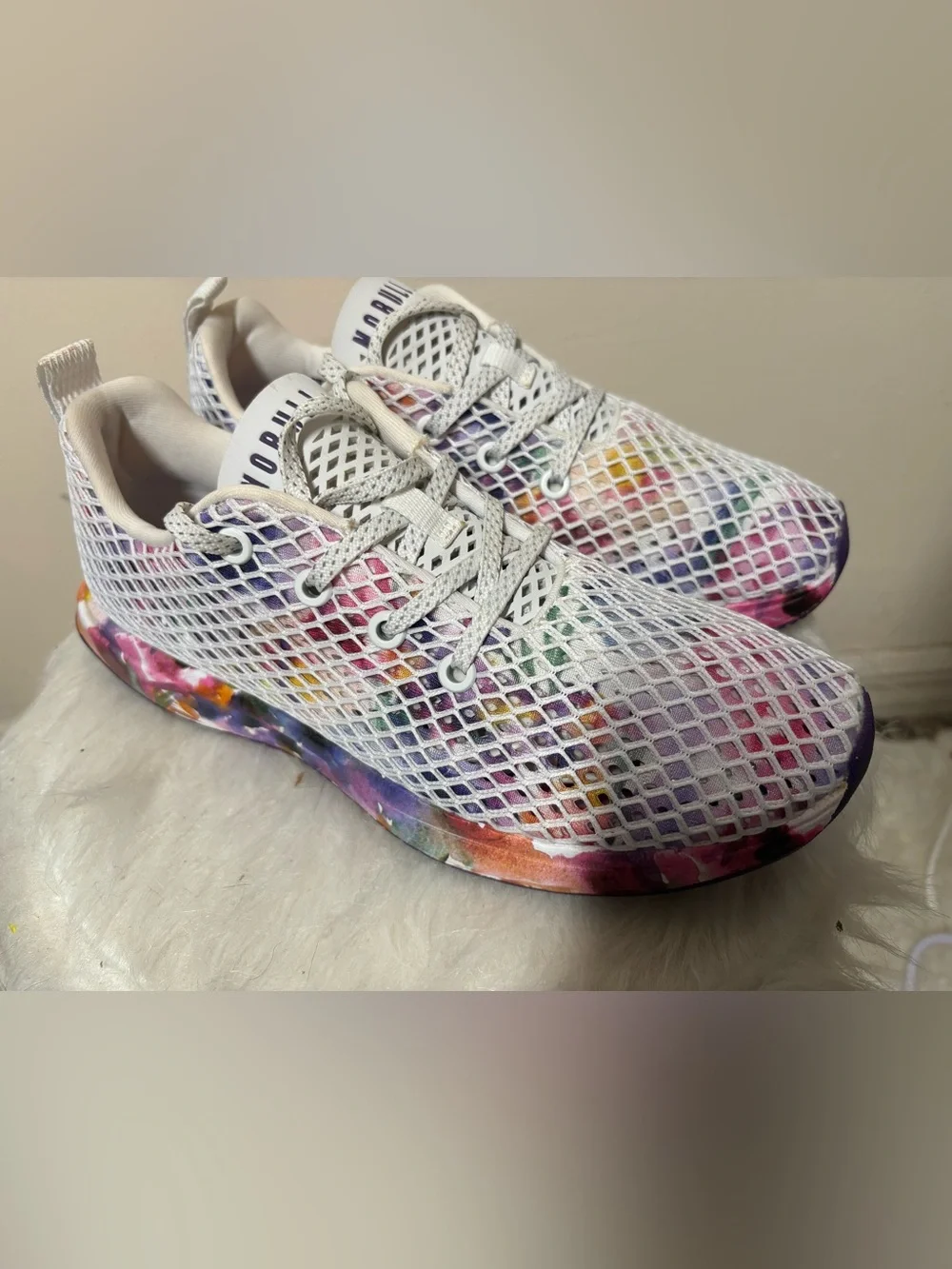 NO BULL White Mesh Sneakers with Multicolor Tie-Dye Underlay 8.5